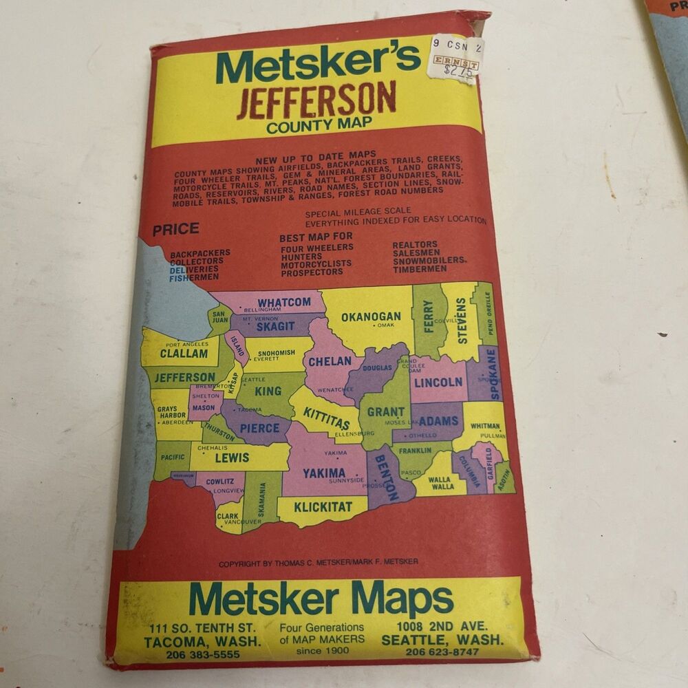 Vtg Metsker’s Jefferson County Map Washington State 1970s